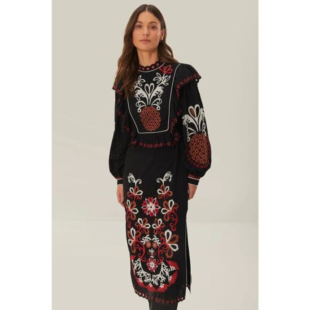 Farm Rio Cashew Mandala Richilieu Long Sleeve Maxi Dress size S NWT